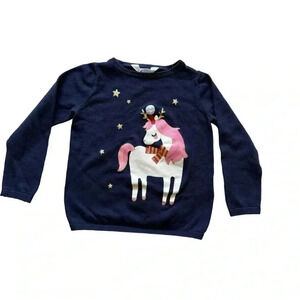 H& M Unicorn Algodon Navy Pink White Long Sleeves Knit Sweater SZ 2-4 #2085